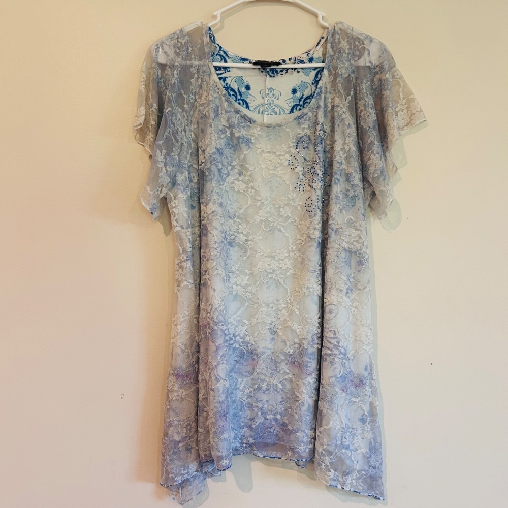 Cal Style Blouse Sz XL Fairy Lace Sparkle Bedazzled Asymmetric Hem Lined